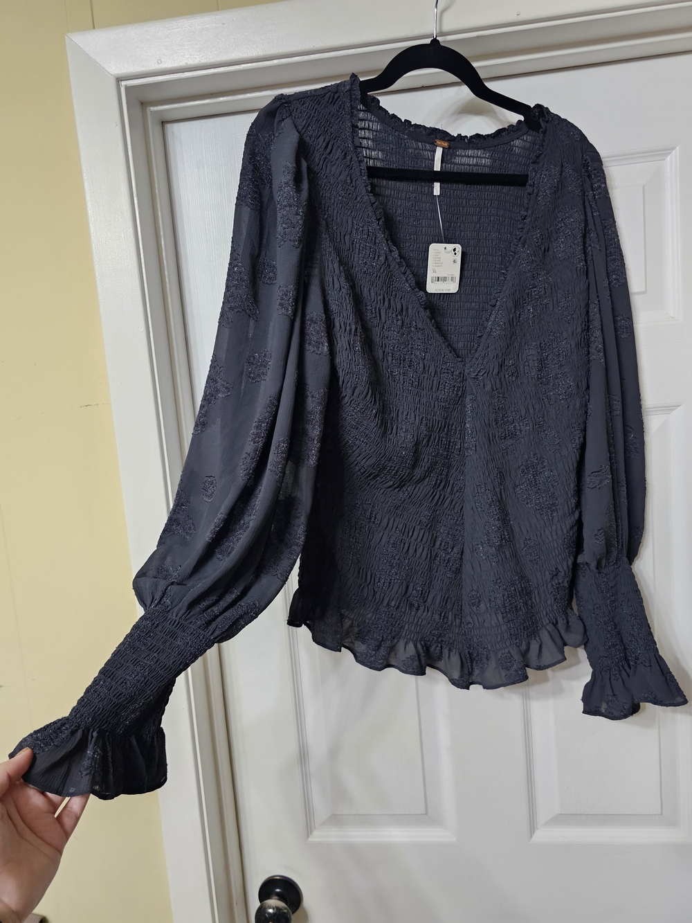 Free People Navy Smocked V-Neck Long Sleeve Blouse